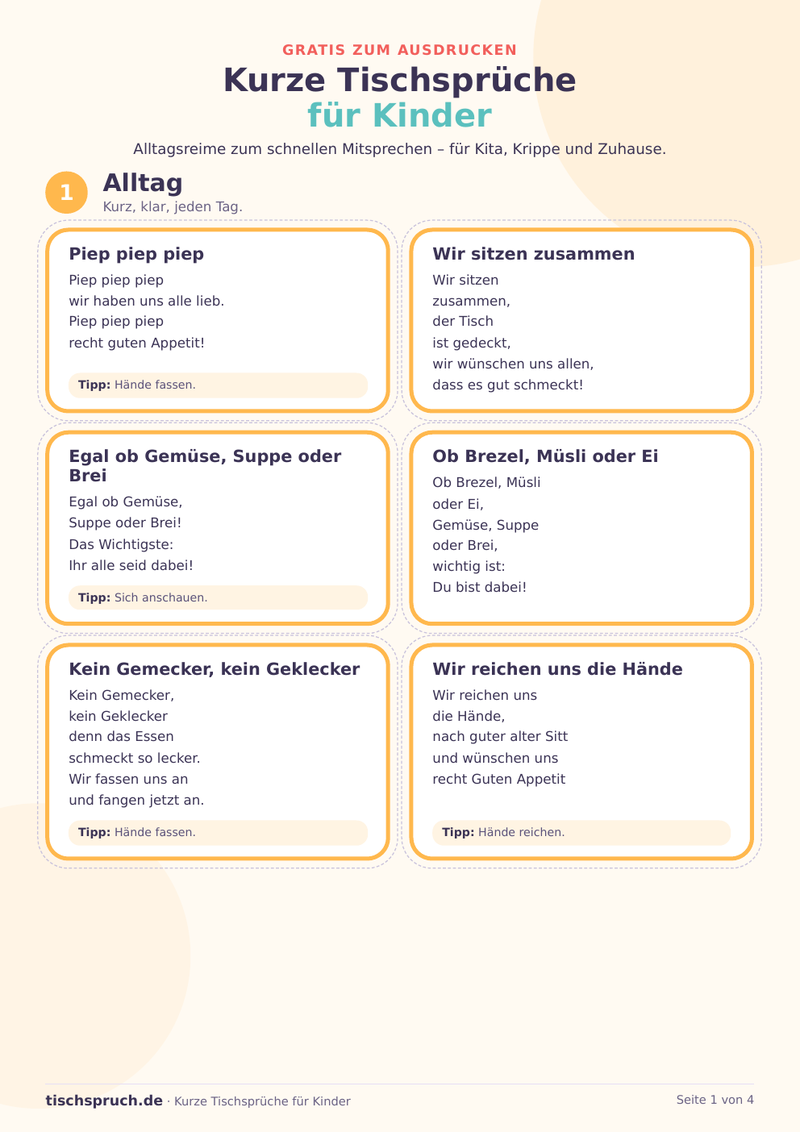 Vorschaubild: Gratis-PDF mit kurzen Tischsprüchen für Kinder