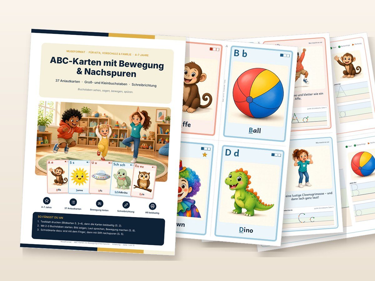 Multisensorische ABC-Karten: Titelseite und Beispielseiten aus den PDF-Dateien