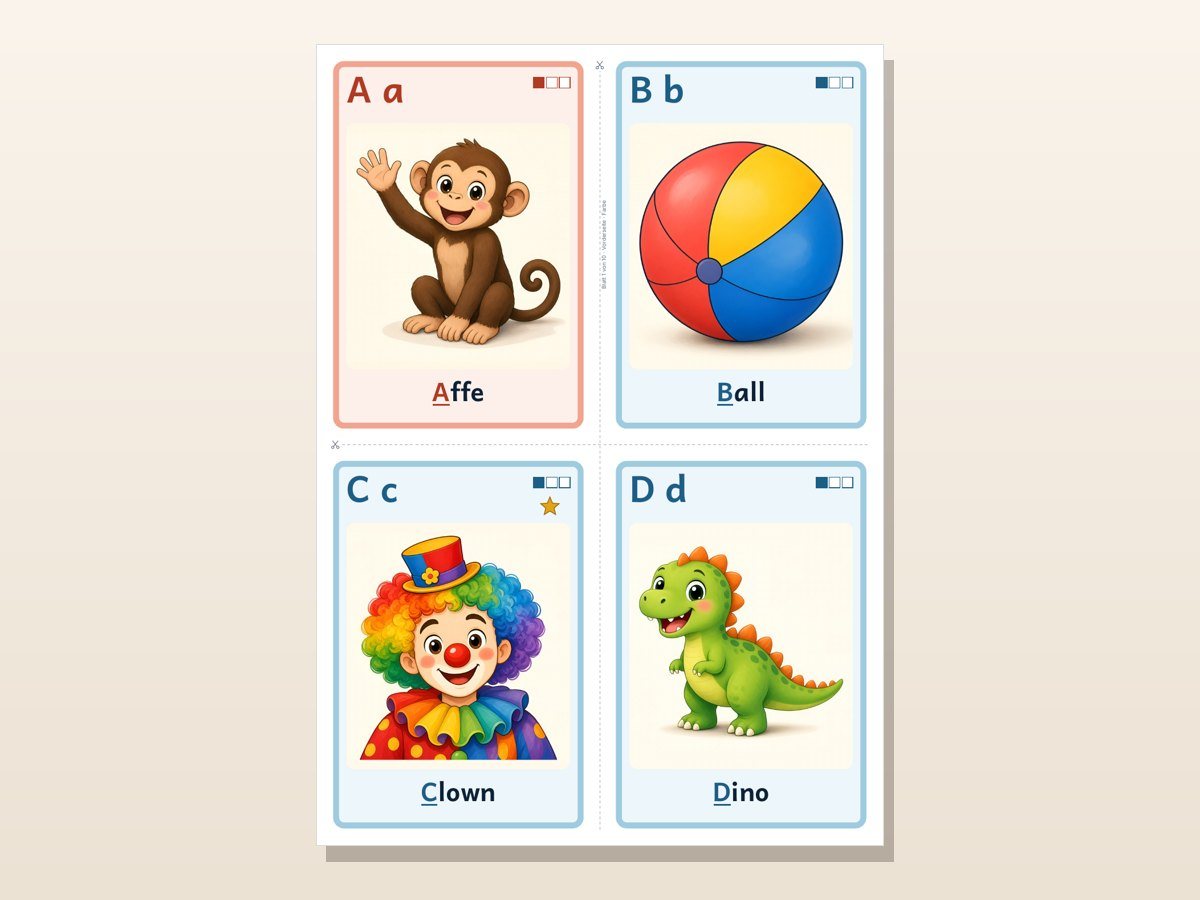 Multisensorische ABC-Karten – Anlautkarten A–D (Vorderseite)