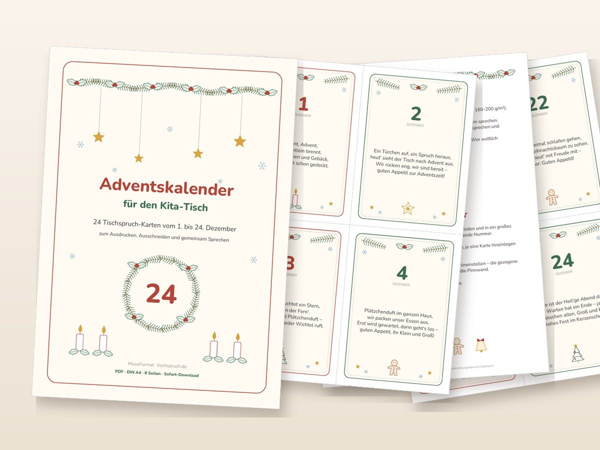 Adventskalender Kita-Tisch: Titelseite und Beispielseiten aus den PDF-Dateien