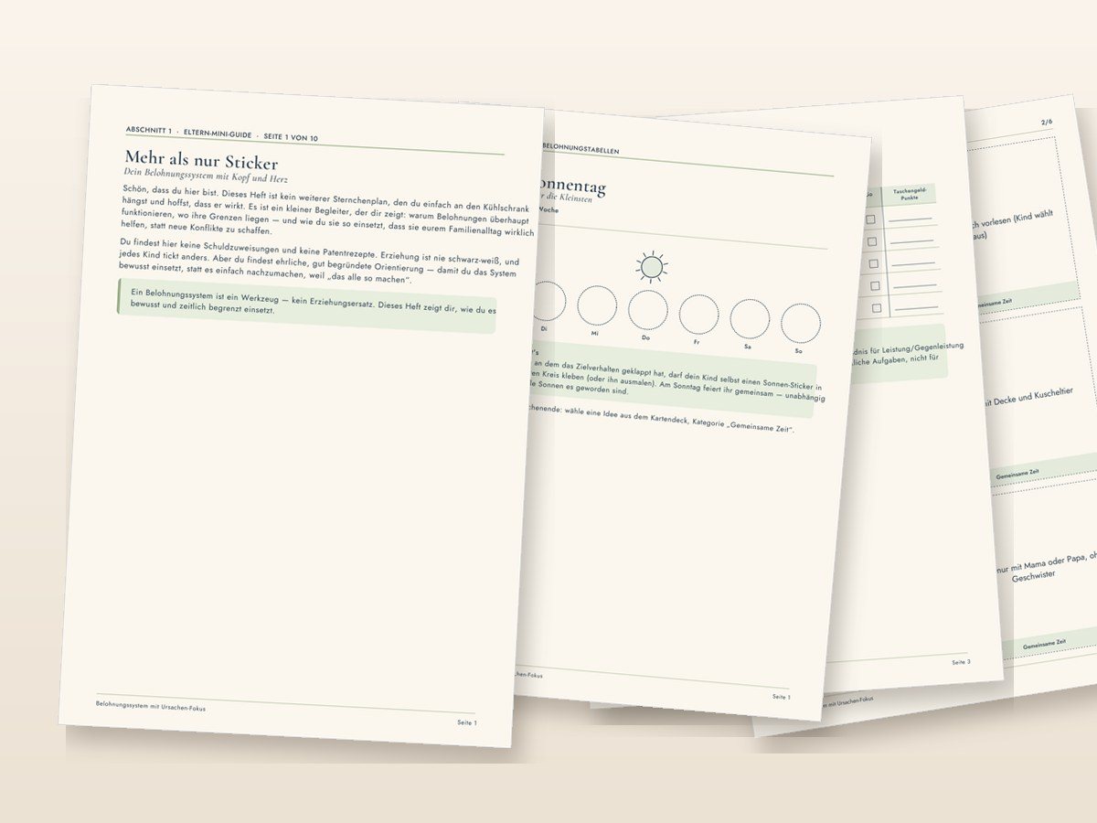 Belohnungssystem mit Eltern-Guide: Titelseite und Beispielseiten aus den PDF-Dateien
