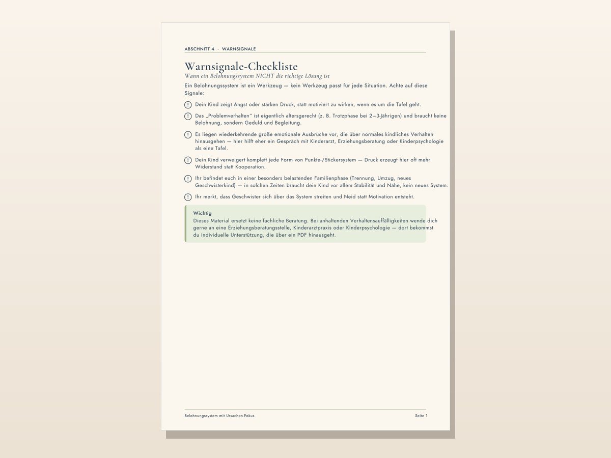 Belohnungssystem mit Eltern-Guide – Seite Warnsignale