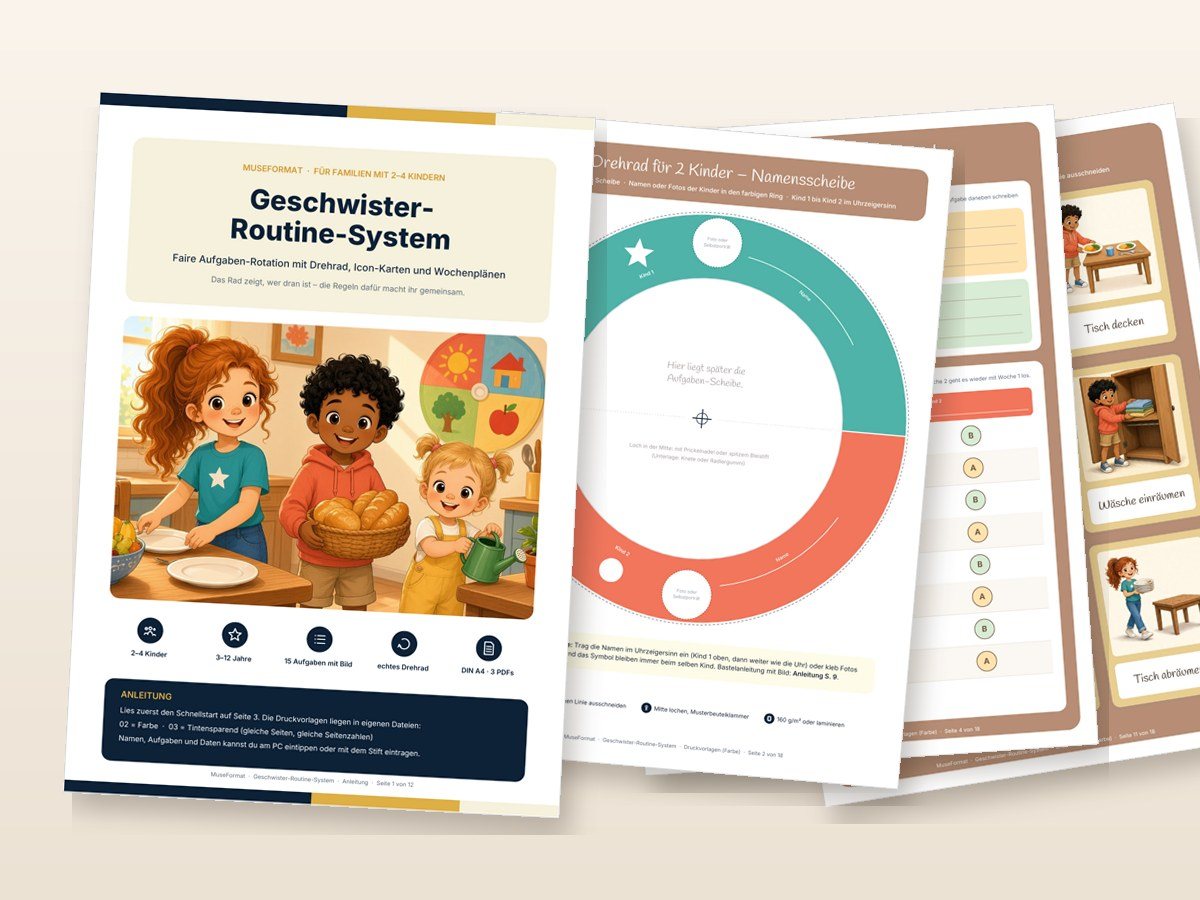 Geschwister-Routine-System: Titelseite und Beispielseiten aus den PDF-Dateien