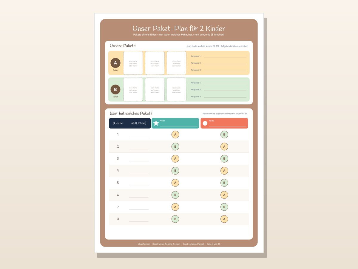 Geschwister-Routine-System – Paket-Plan mit eingetragener Rotation