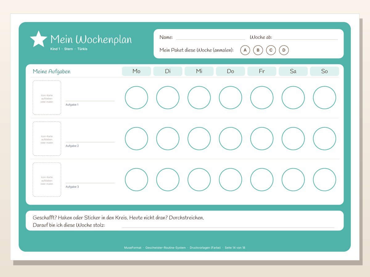 Geschwister-Routine-System – Wochen-Abhakplan pro Kind