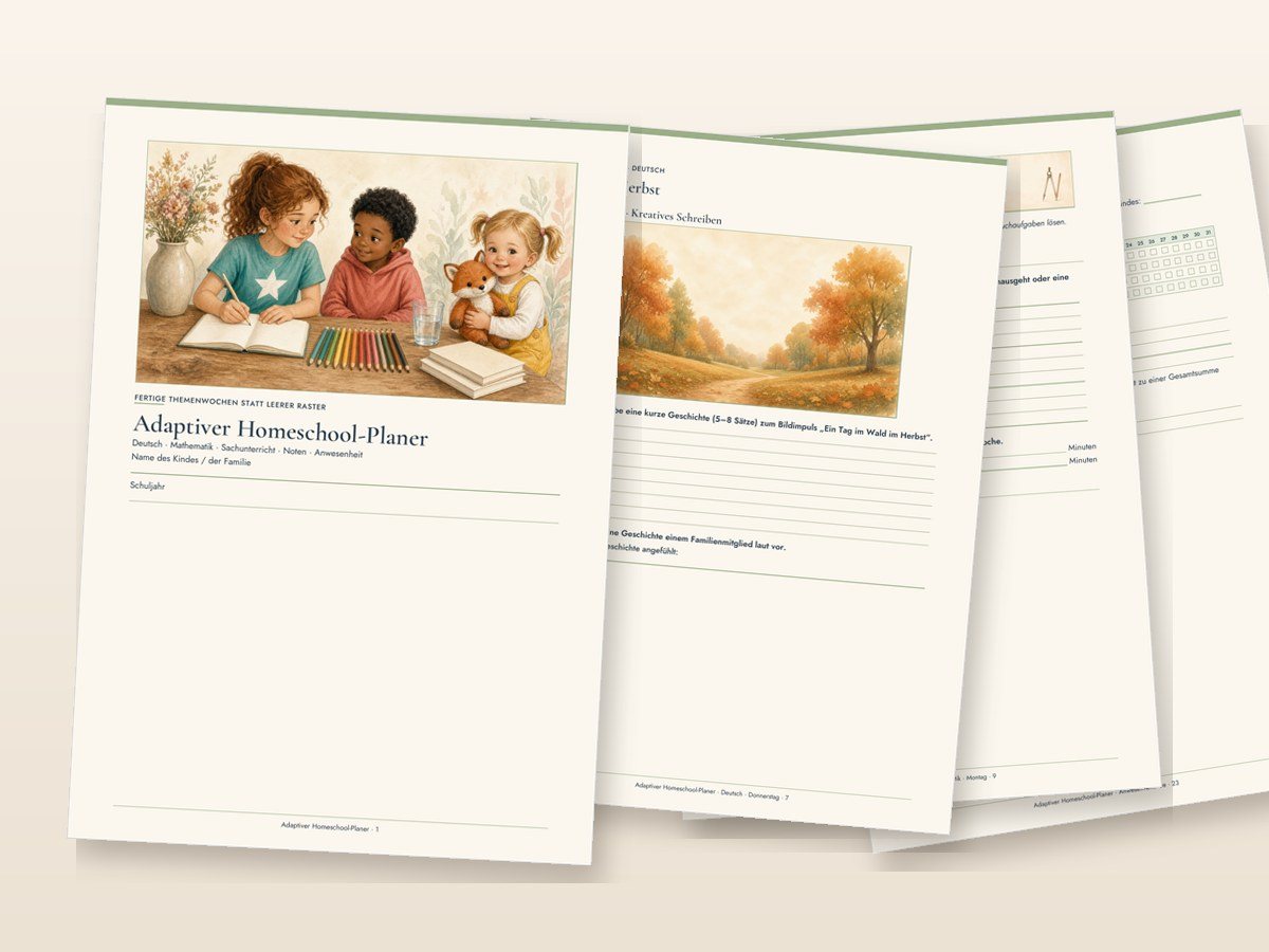 Adaptiver Homeschool-Planer: Titelseite und Beispielseiten aus den PDF-Dateien