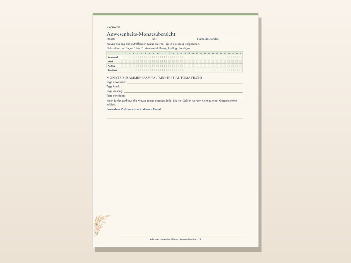 Adaptiver Homeschool-Planer – Notenübersicht