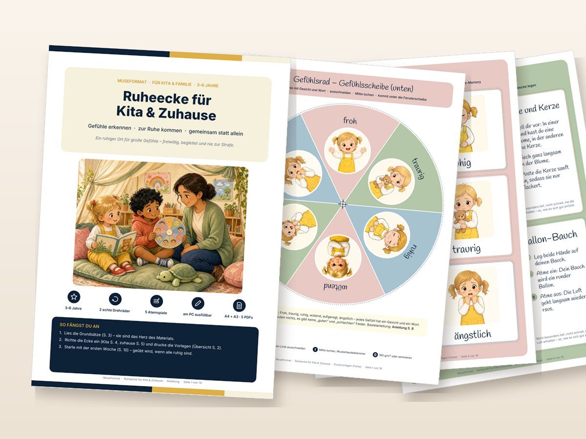 Ruheecke Kita & Zuhause: Titelseite und Beispielseiten aus den PDF-Dateien