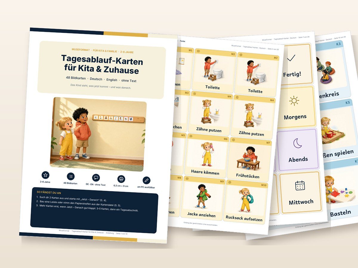 Tagesablauf-Karten Deutsch/Englisch: Titelseite und Beispielseiten aus den PDF-Dateien