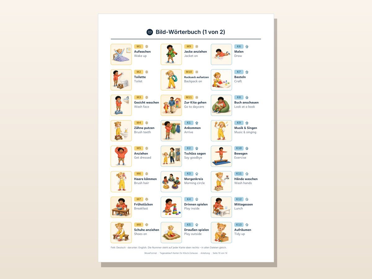 Tagesablauf-Karten Deutsch/Englisch – Bild-Wörterbuch aller Karten